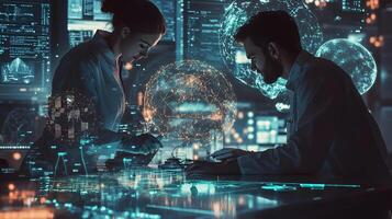 Modern office and communication network concept. Young man and woman in lab and global communication network concept. Management strategy. photo