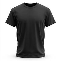 A realistic mockup of a black T-shirt displayed from the front view, isolated on a clean white background. The T-shirt features a classic. photo