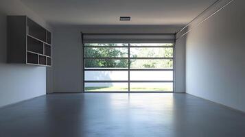 A realistic image of a spacious, empty garage with a clean, open layout. There are no vehicles or items inside. photo