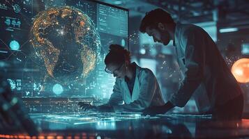 Modern office and communication network concept. Young man and woman in lab and global communication network concept. Management strategy. photo