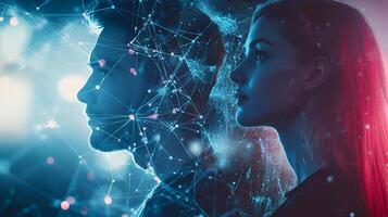 Modern office and communication network concept. Young man and woman in lab and global communication network concept. Management strategy. photo