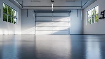 A realistic image of a spacious, empty garage with a clean, open layout. There are no vehicles or items inside. photo