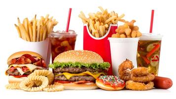 A variety of fast food and junk food items displayed together on a clean white background. The assortment includes a juicy cheeseburger with melted cheese and fresh toppings. photo