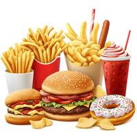 A variety of fast food and junk food items displayed together on a clean white background. The assortment includes a juicy cheeseburger with melted cheese and fresh toppings. photo
