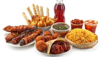 A realistic assortment of African fast food and junk food items arranged on a clean, isolated white background. The collection includes a plate of jollof rice with grilled chicken and more etc. photo