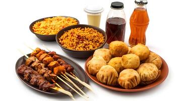 A realistic assortment of African fast food and junk food items arranged on a clean, isolated white background. The collection includes a plate of jollof rice with grilled chicken and more etc. photo