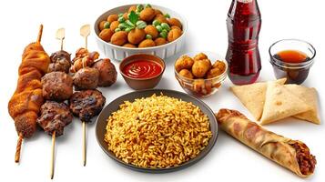 A realistic assortment of African fast food and junk food items arranged on a clean, isolated white background. The collection includes a plate of jollof rice with grilled chicken and more etc. photo