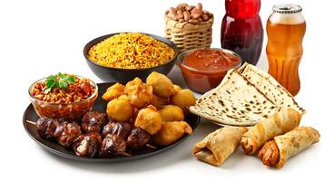 A realistic assortment of African fast food and junk food items arranged on a clean, isolated white background. The collection includes a plate of jollof rice with grilled chicken and more etc. photo