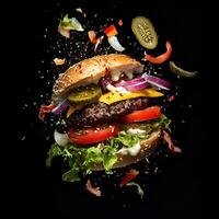 An explosive, dynamic image of a burger bursting apart against a black background. The burger features a juicy beef patty, layers of melted cheese, all flying outward from the center of the explosion. photo