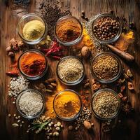 Healthy different types of masala, spices placed on wooden table. photo