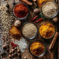 Healthy different types of masala, spices placed on wooden table. photo