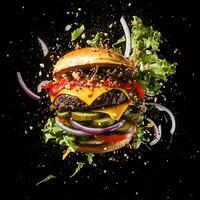 An explosive, dynamic image of a burger bursting apart against a black background. The burger features a juicy beef patty, layers of melted cheese, all flying outward from the center of the explosion. photo