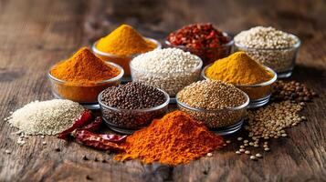 Healthy different types of masala, spices placed on wooden table. photo