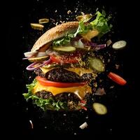 An explosive, dynamic image of a burger bursting apart against a black background. The burger features a juicy beef patty, layers of melted cheese, all flying outward from the center of the explosion. photo