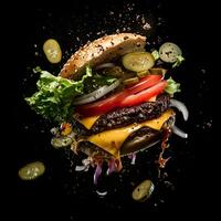 An explosive, dynamic image of a burger bursting apart against a black background. The burger features a juicy beef patty, layers of melted cheese, all flying outward from the center of the explosion. photo