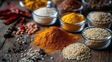 Healthy different types of masala, spices placed on wooden table. photo