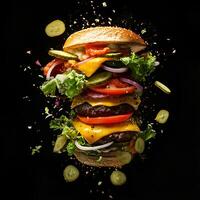 An explosive, dynamic image of a burger bursting apart against a black background. The burger features a juicy beef patty, layers of melted cheese, all flying outward from the center of the explosion. photo