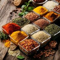 Healthy different types of masala, spices placed on wooden table. photo