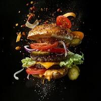 An explosive, dynamic image of a burger bursting apart against a black background. The burger features a juicy beef patty, layers of melted cheese, all flying outward from the center of the explosion. photo