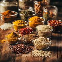 Healthy different types of masala, spices placed on wooden table. photo