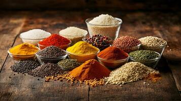 Healthy different types of masala, spices placed on wooden table. photo