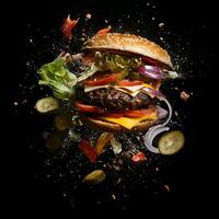 An explosive, dynamic image of a burger bursting apart against a black background. The burger features a juicy beef patty, layers of melted cheese, all flying outward from the center of the explosion. photo