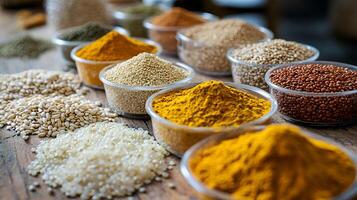 Healthy different types of masala, spices placed on wooden table. photo