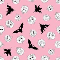 Seamless pattern with a white pumpkin and a bat silhouette on a pink background vector
