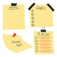 Hand drawn memo paper sheets with black masking tape for daily planner, notes, goals, to do list, reminder. Pen scribbles on memo paper. vector