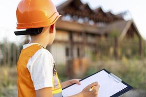 Child in a suit of an engineer is checking and inspecting the building photo