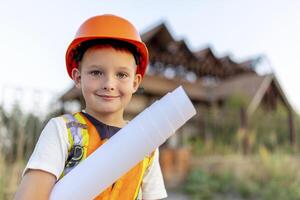 A child in an engineer suit with a yellow helmet with blueprints photo
