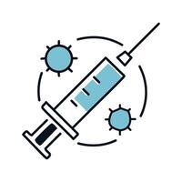 syringe with corona virus icon over white background, half line half color style illustration vector