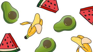 Animation of various bananas, watermelon slices and avocado on a white background. video