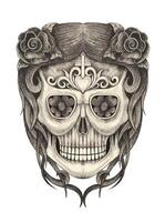 Fancy girl sugar skull day of the dead design by hand drawing on paper vector