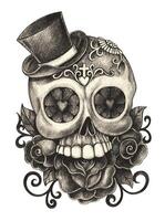 Sugar skull day of the dead design by hand drawing on paper vector