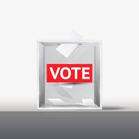 Glass ballot box on table with text Vote on red. Voting white paper in hole. Transparent voting container with a falling ballot paper. vector
