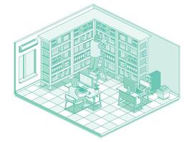 Isometric library with books on shelves. Man stand on ladder and read book. Online catalog. Man sit on computer and read text on monitor. Bookcase full of books. vector