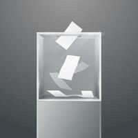 Glass ballot box on podium. Voting white paper in hole. Transparent voting container with a falling ballot paper. vector