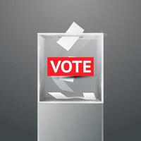 Glass ballot box on podium with text Vote on red. Voting white paper in hole. Transparent voting container with a falling ballot paper. vector