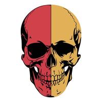 A skull featuring a vibrant red and yellow face, showcasing a striking and bold color contrast vector
