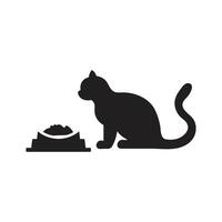 A black and white silhouette of a cat and bowl vector