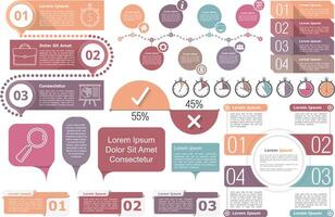 Infographic elements - Timeline, objects with text and numbers or steps or options, timers, circle diagram, percents chart vector