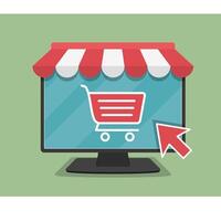 Online store concept illustration, computer monitor with awning, shopping cart icon and mouse cursor, flat design vector