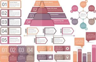 Set of infographic elements - objects with text numbers and icons, timeline, circle diagram, pyramid, bar graph vector