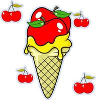 an ice cream cone with cherries and apples vector