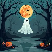 illustration of a ghostly figure floating over a reflective pond in the middle of an eerie forest. Applicable for digital ad, print related items vector