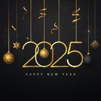 new year 2025 text design with golden balls and ribbons vector