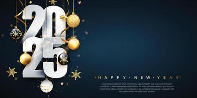 Happy New Year 2025 Elegant text with golden balls and confetti background vector