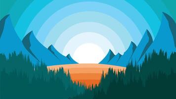 Beautiful Cartoon flat design Landscape with sunset or sunrise view of blue mountain range with layer of forest trees and lake in the middle vector