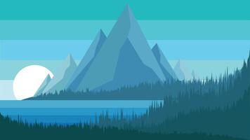 Beautiful Cartoon flat design Landscape with sunset or sunrise view of mountain range and beach with layer of forest trees vector